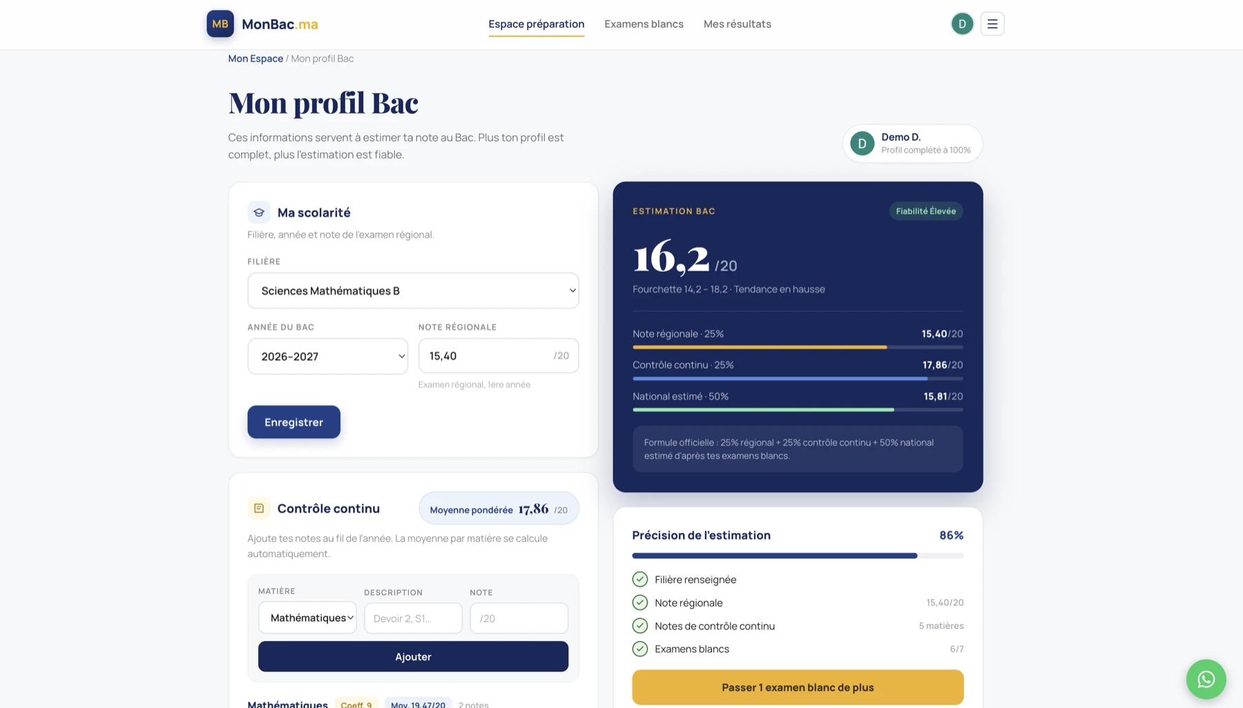Estimation personnalisée de la note du Bac sur MonBac.ma — profil avec scolarité, contrôle continu et estimation 16.2/20