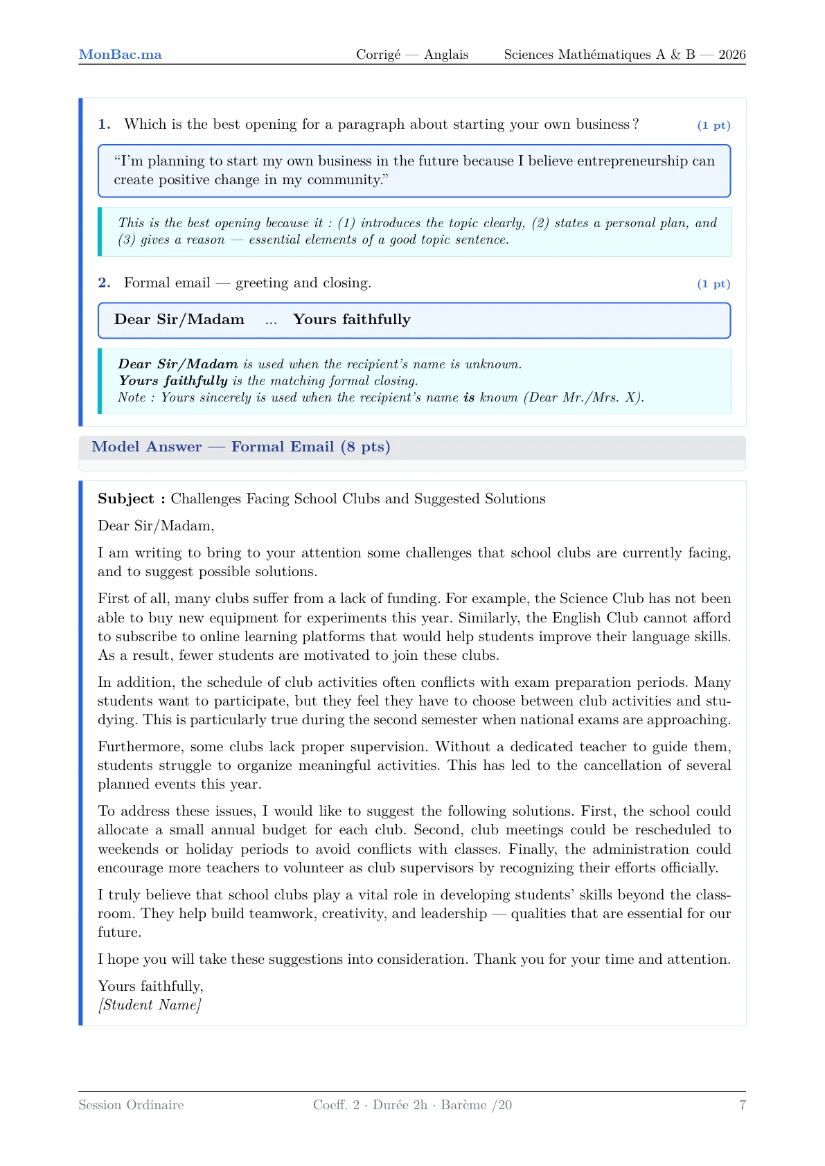 Corrige Anglais Bac PC 2026 page 7