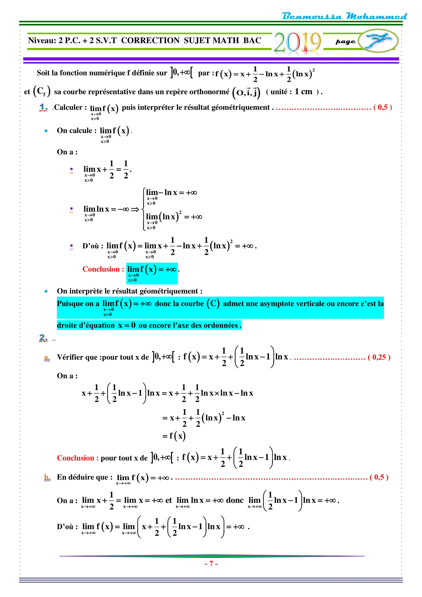 Corrige Math Bac PC 2019 page 7