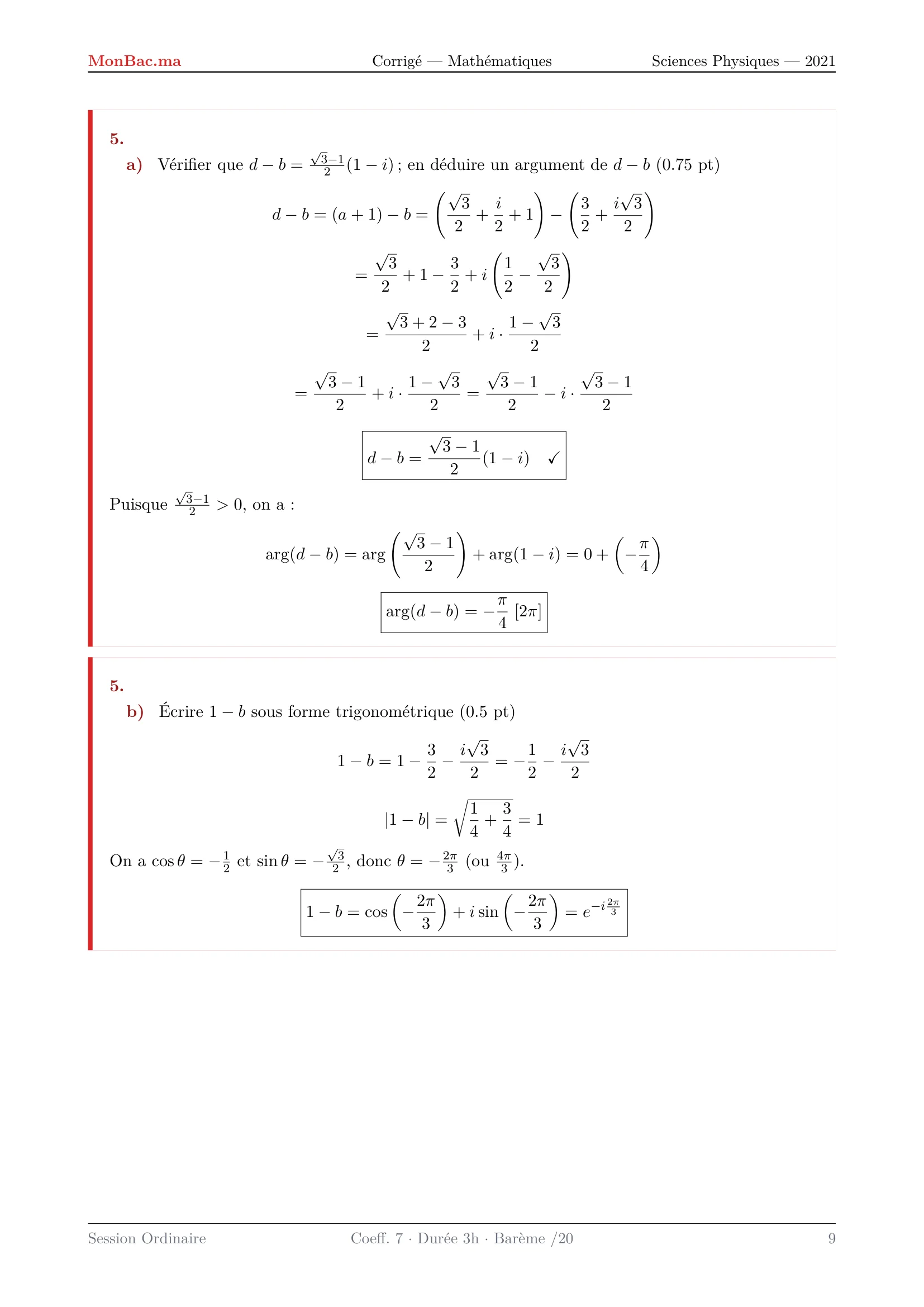 Corrige Math Bac PC 2021 page 9