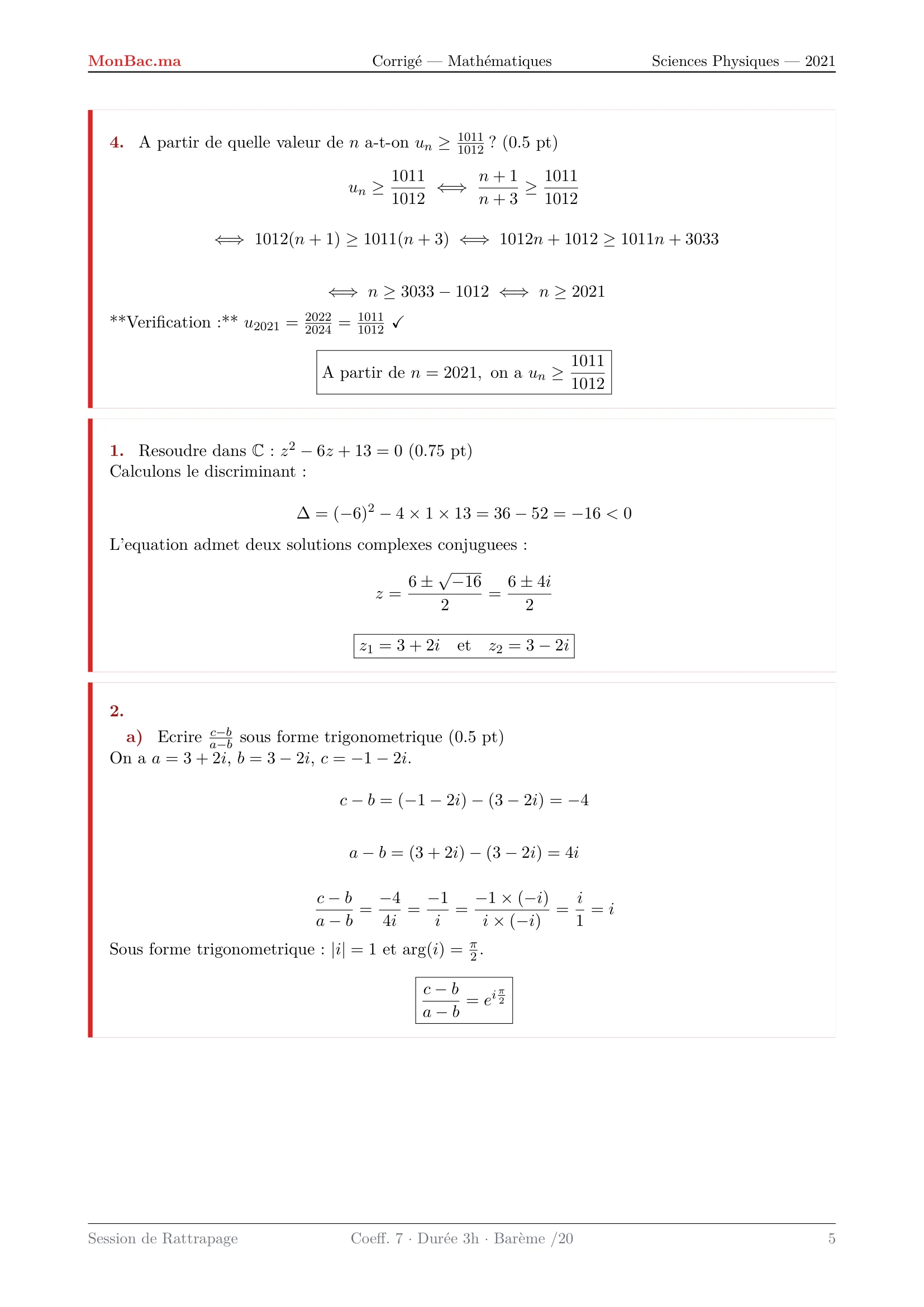 Corrige Math Bac PC 2021 page 5