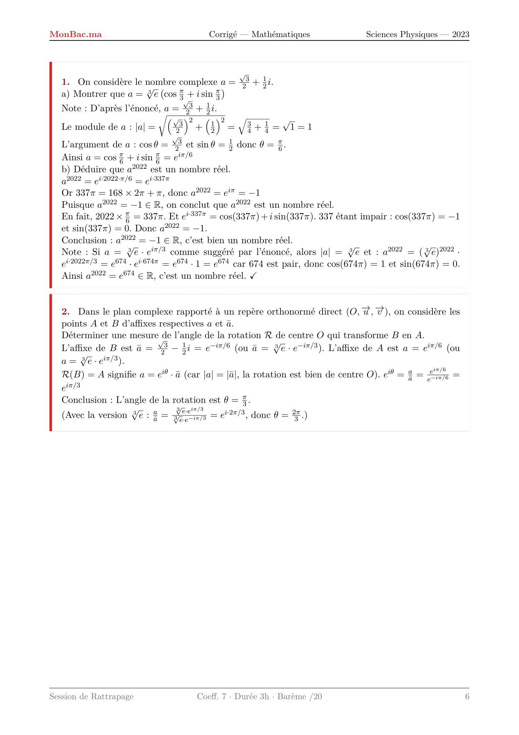 Corrige Math Bac PC 2023 page 6