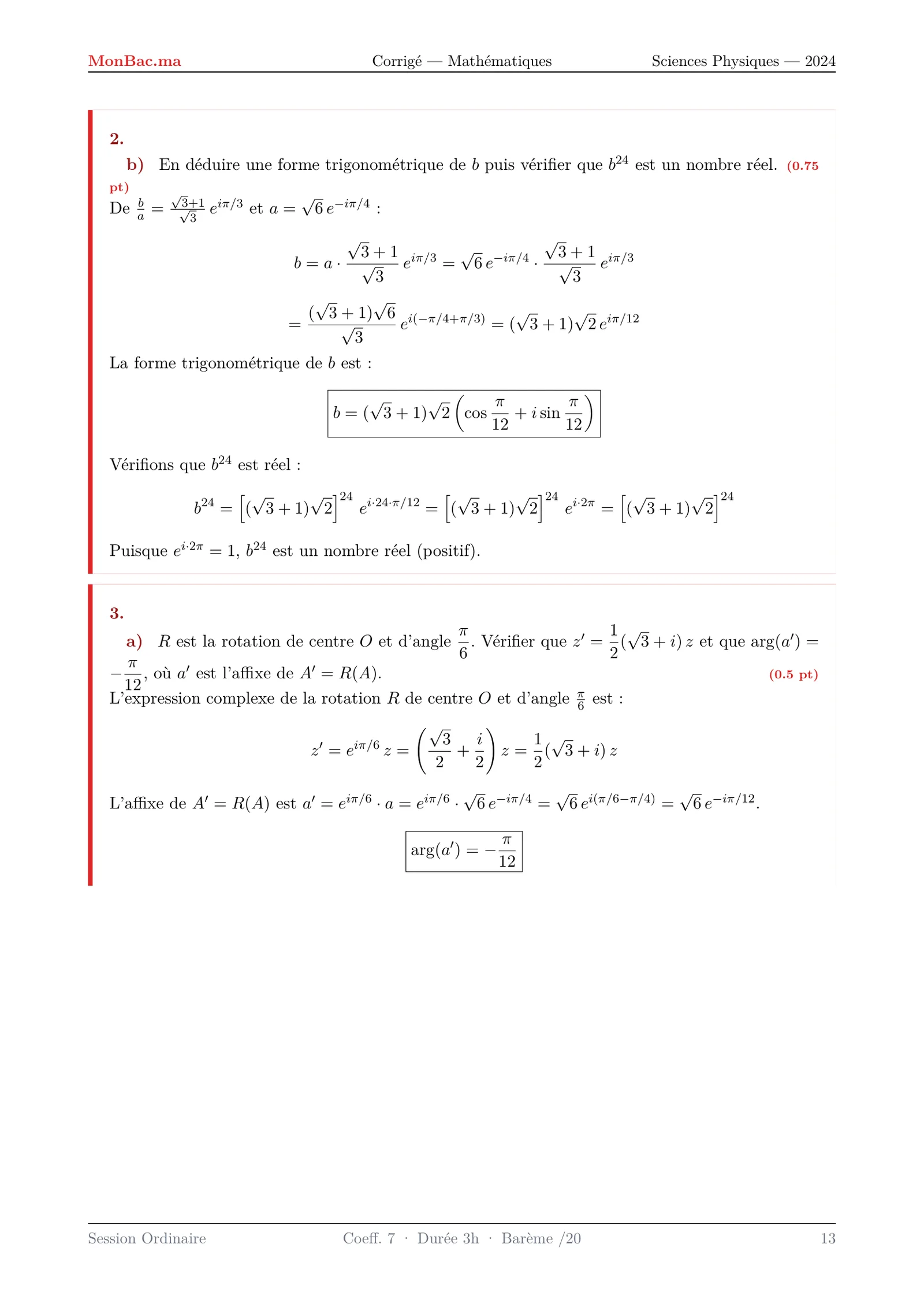 Corrige Math Bac PC 2024 page 13