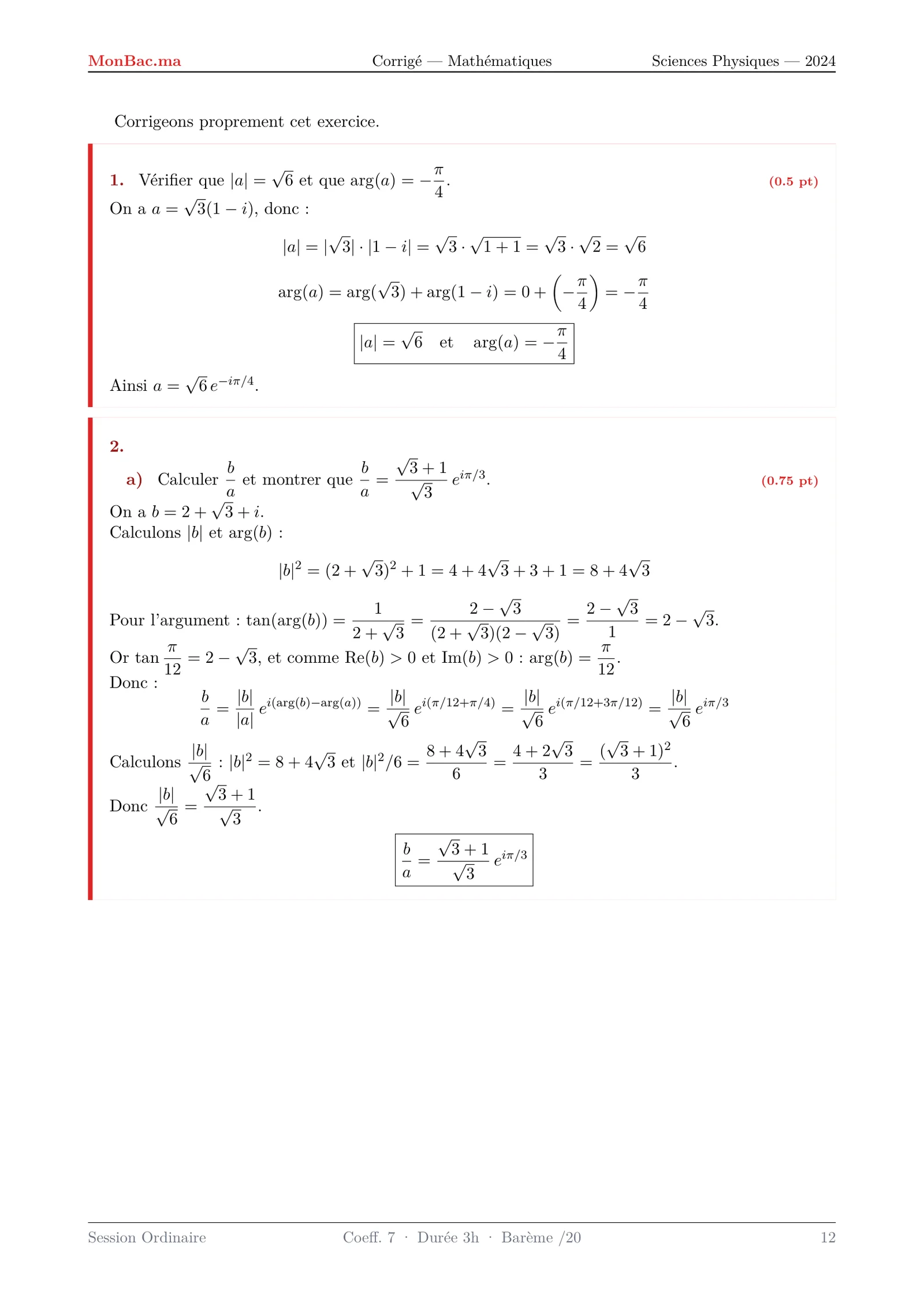 Corrige Math Bac PC 2024 page 12