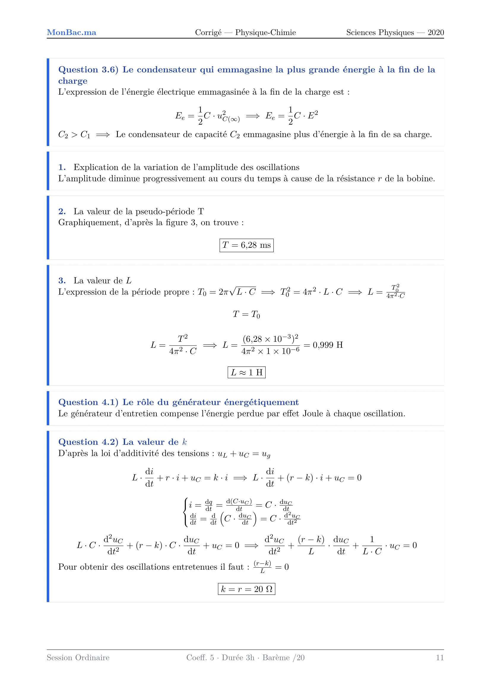 Corrige Physique Bac PC 2020 page 11