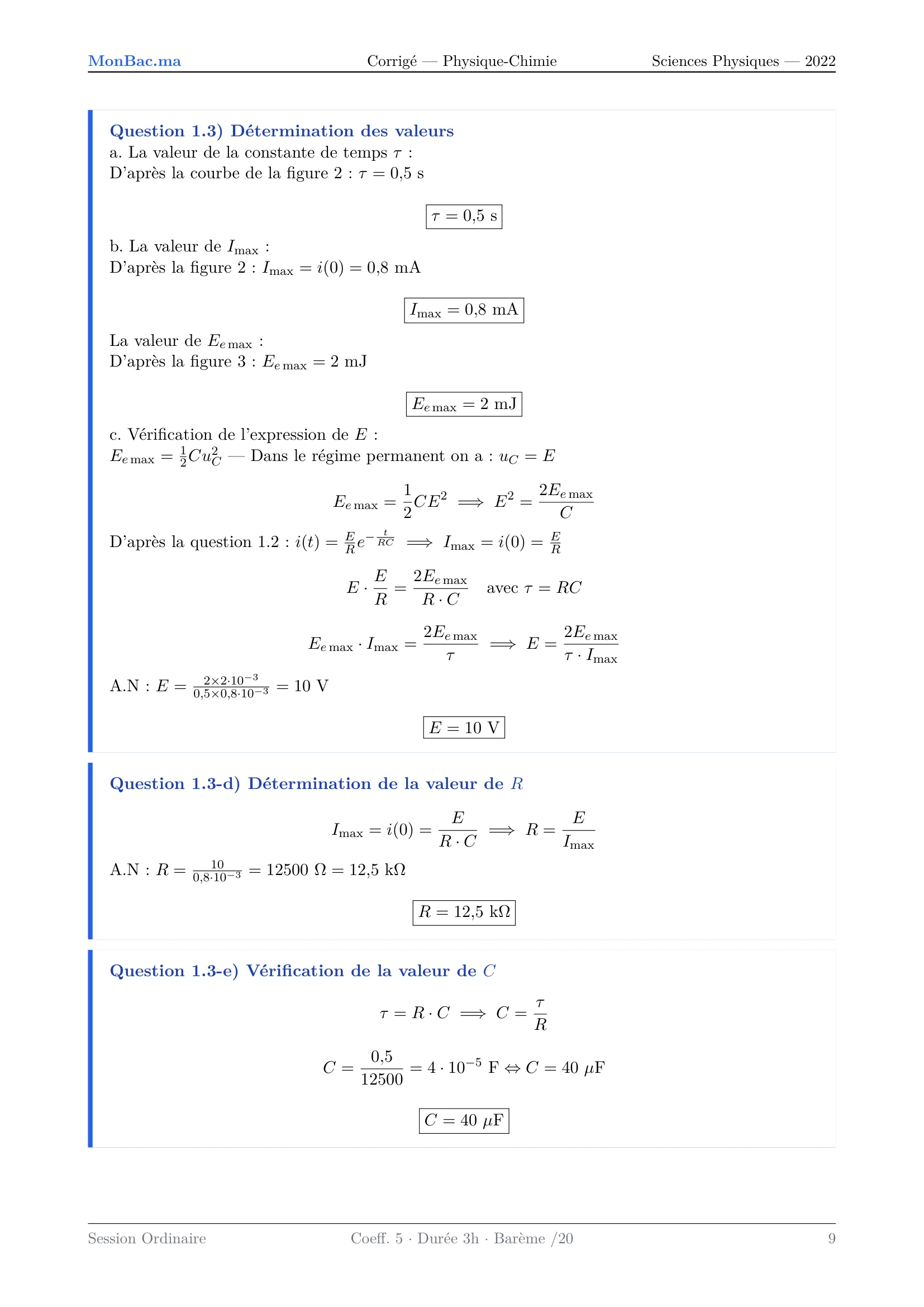 Corrige Physique Bac PC 2022 page 9