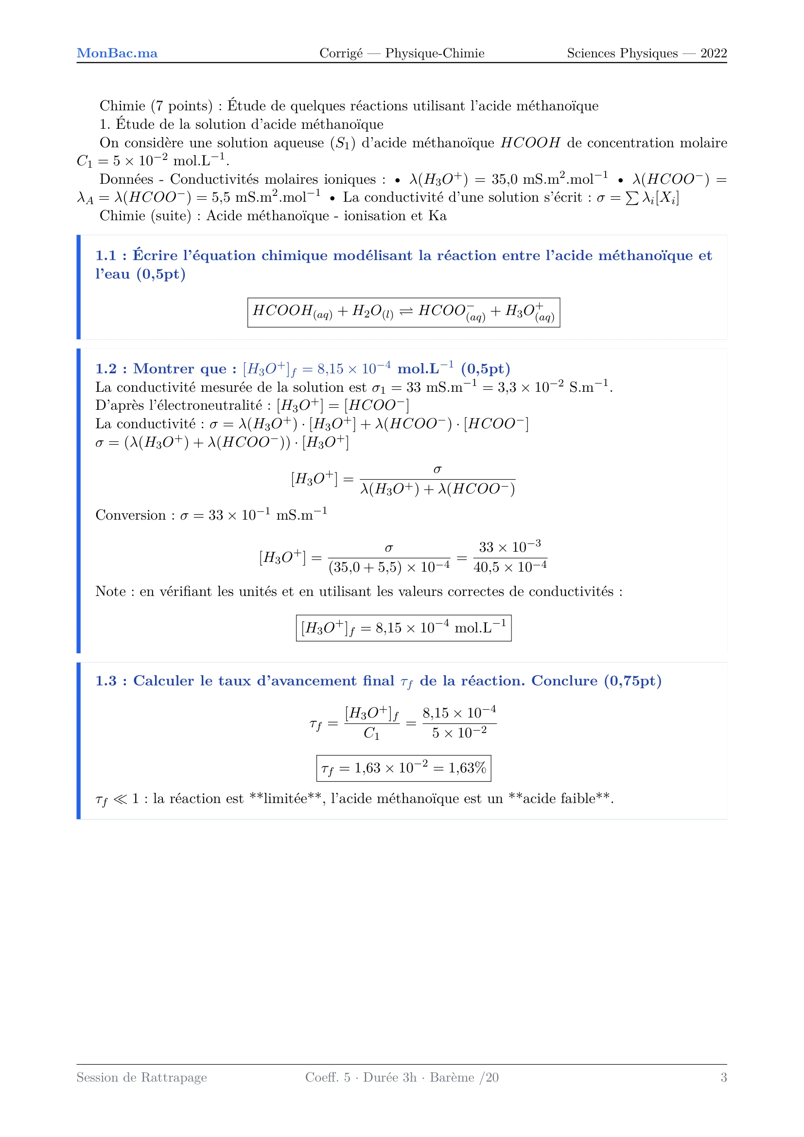 Corrige Physique Bac PC 2022 page 3