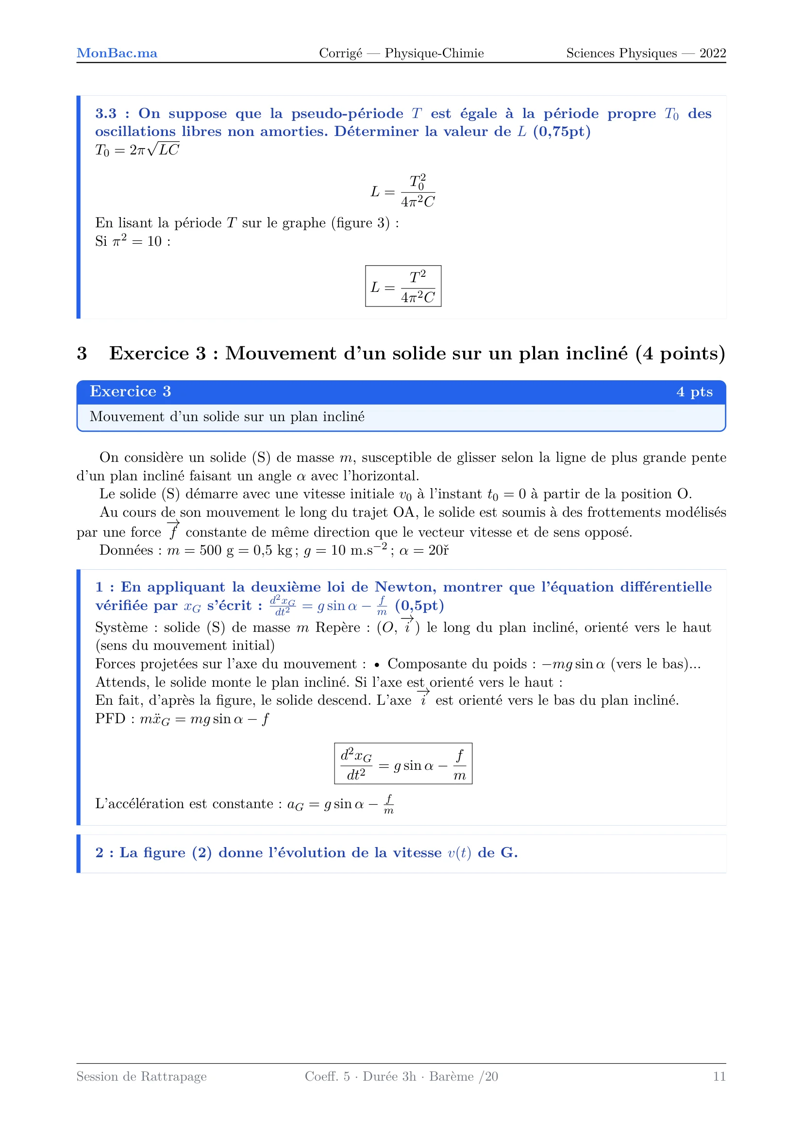Corrige Physique Bac PC 2022 page 11
