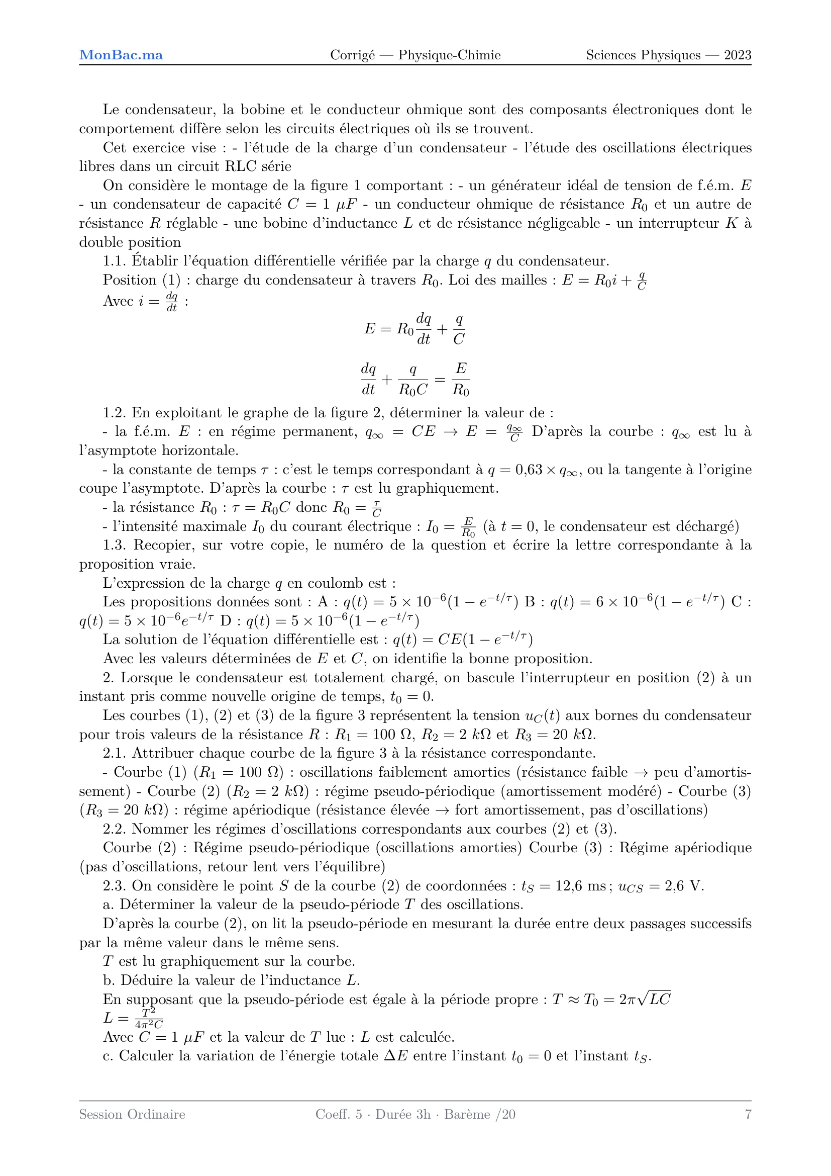 Corrige Physique Bac PC 2023 page 7