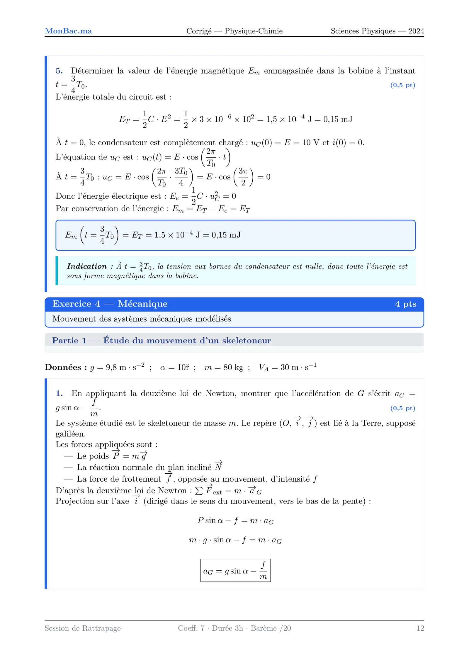 Corrige Physique Bac PC 2024 page 12