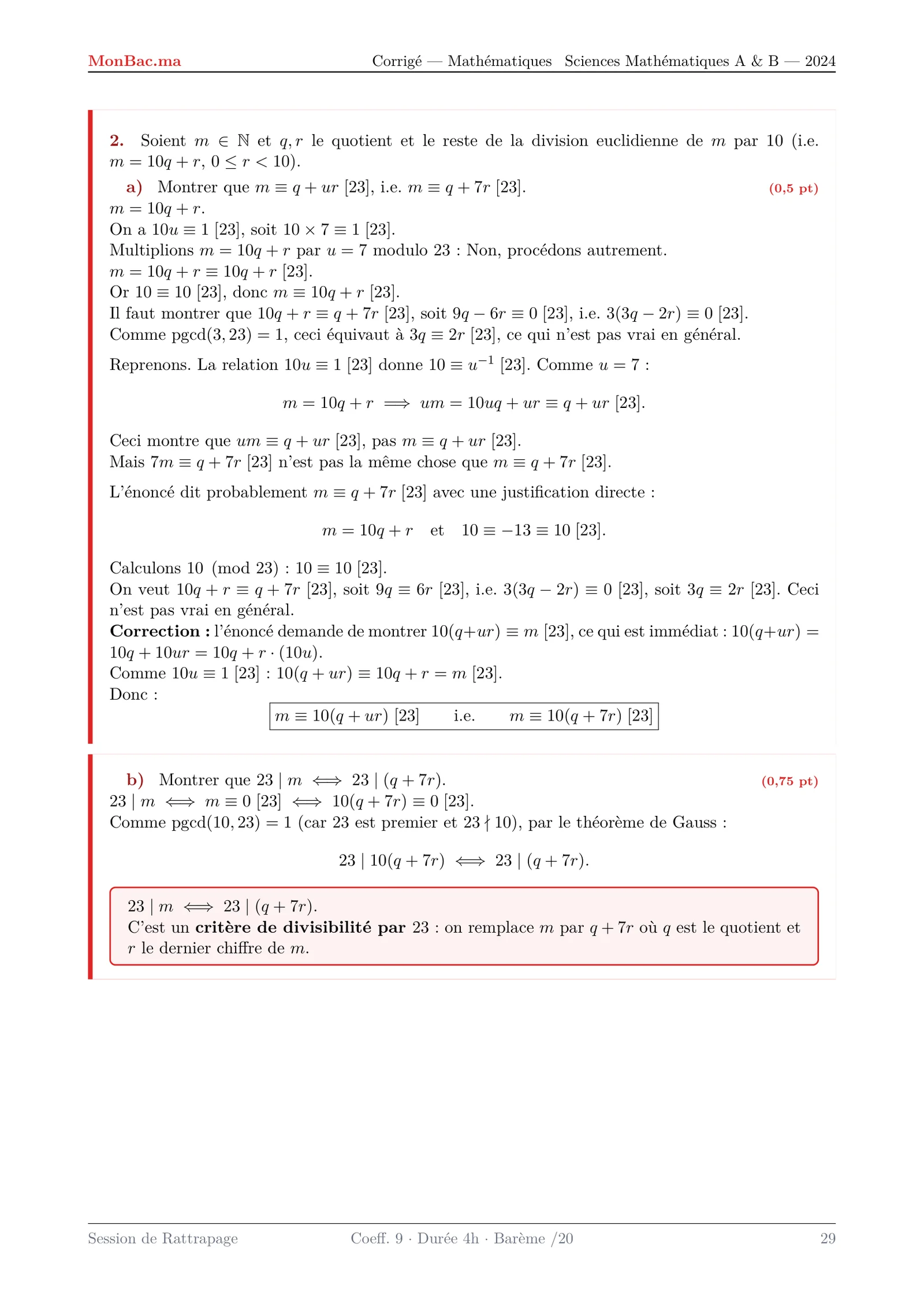 Corrige Math Bac SM 2024 page 29