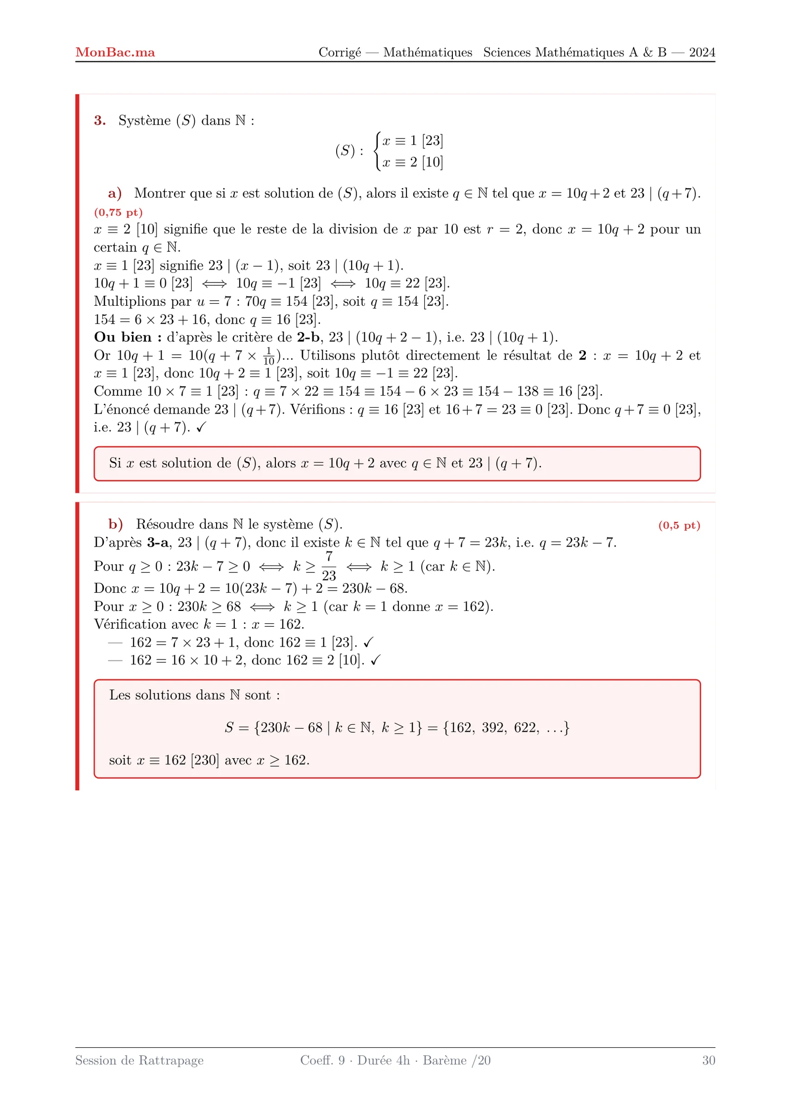 Corrige Math Bac SM 2024 page 30