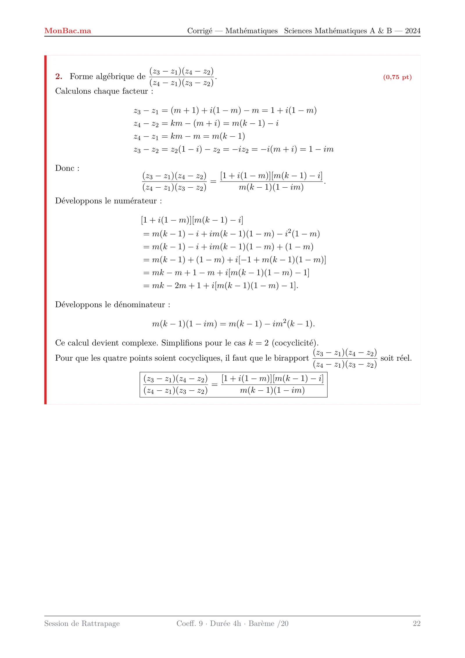 Corrige Math Bac SM 2024 page 22