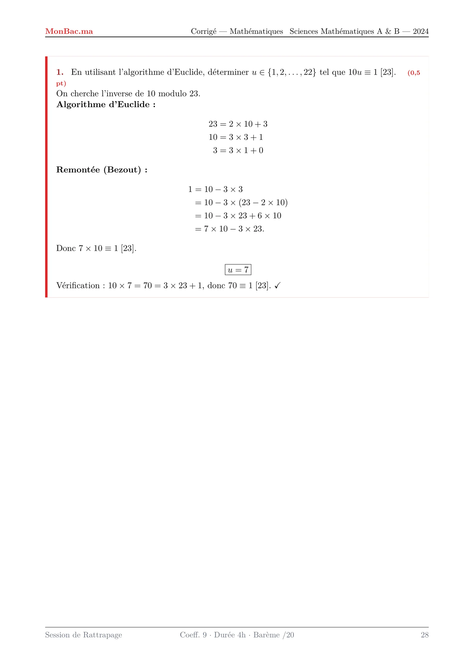 Corrige Math Bac SM 2024 page 28