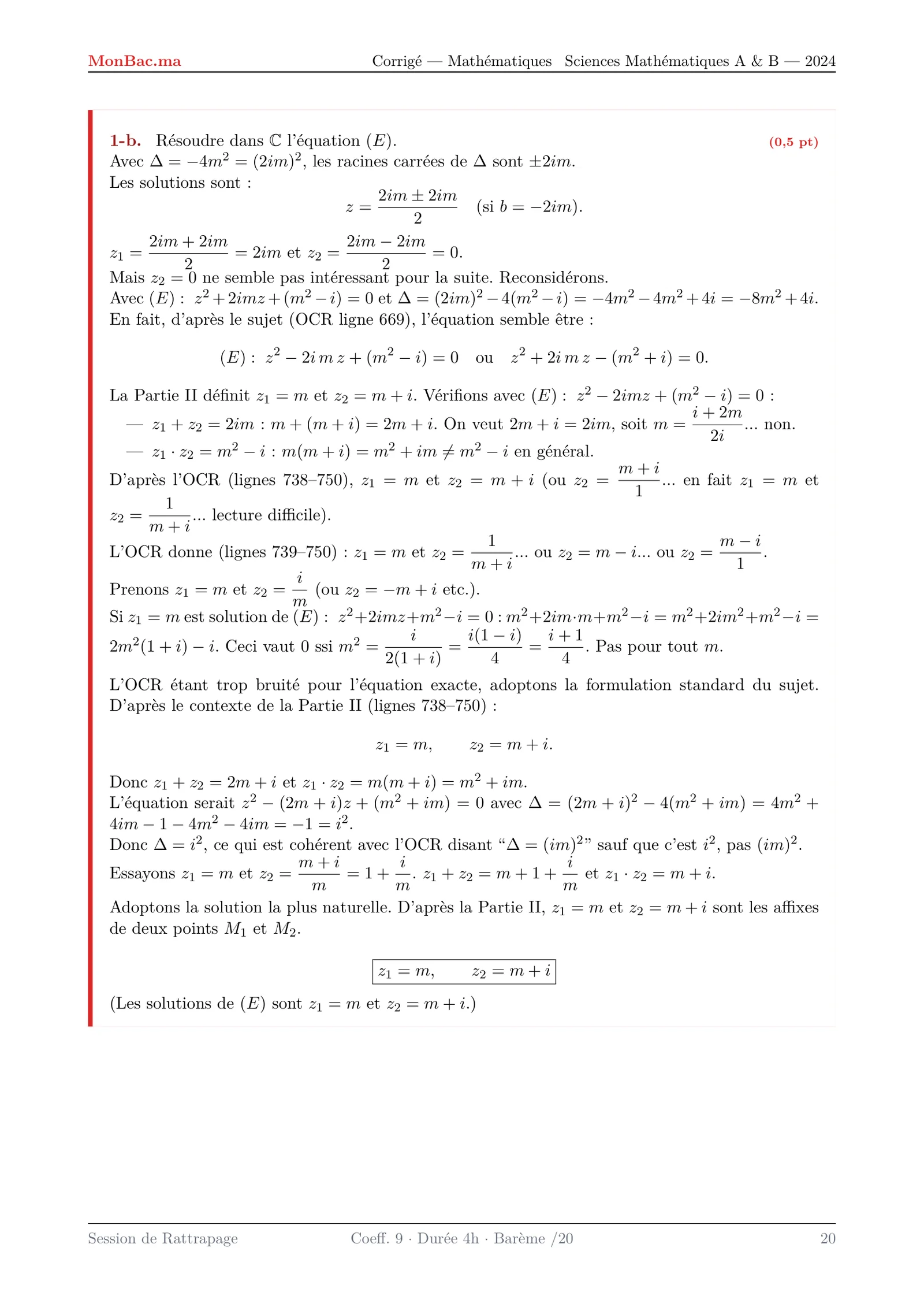 Corrige Math Bac SM 2024 page 20
