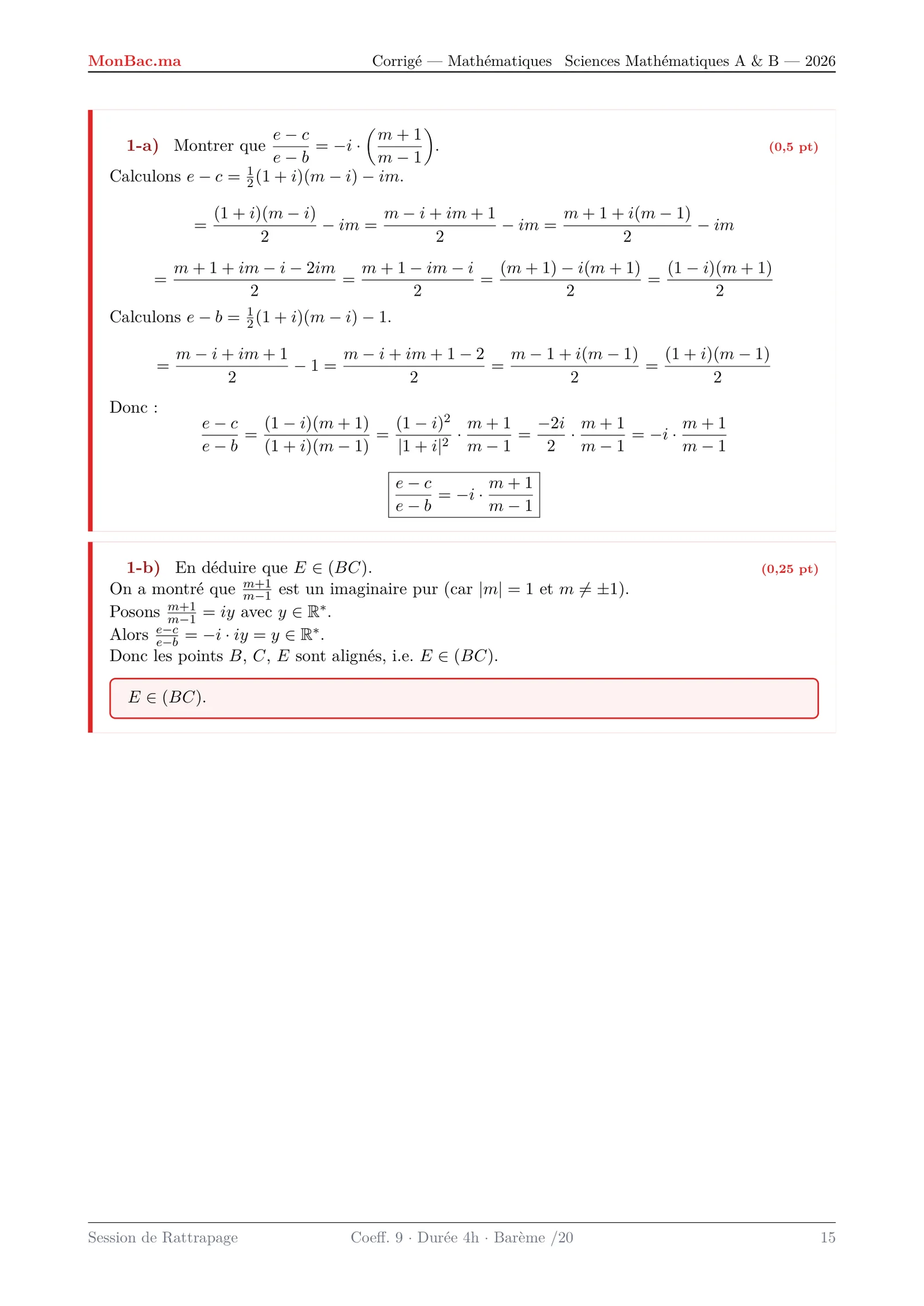 Corrige Math Bac SM 2026 page 15
