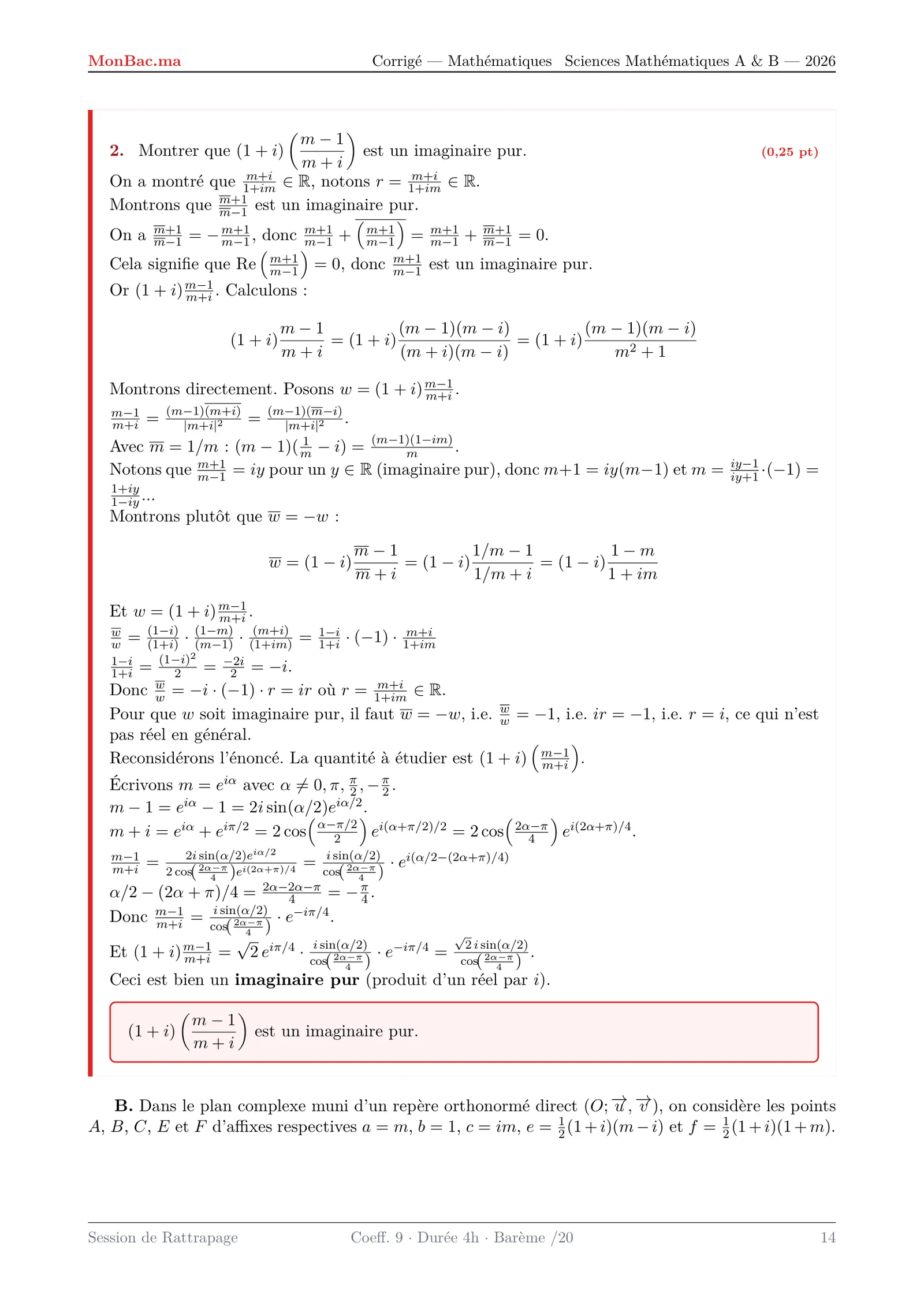 Corrige Math Bac SM 2026 page 14
