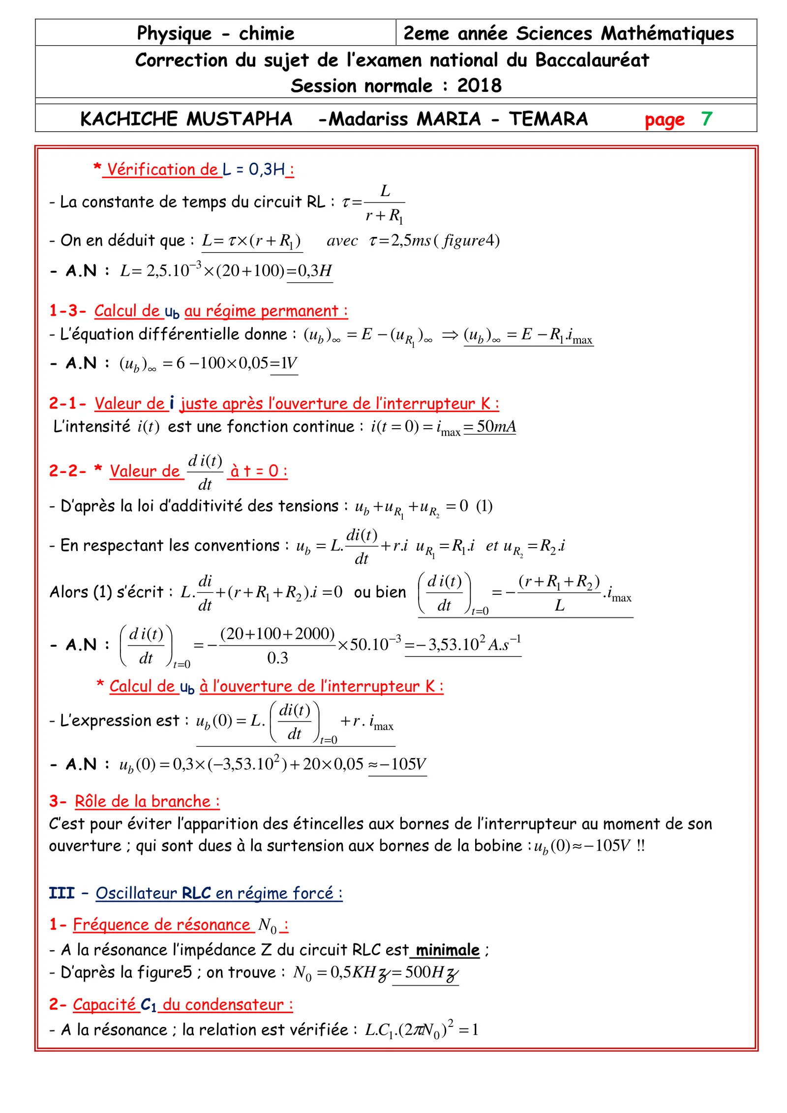 Corrige Physique Bac SM 2018 page 7