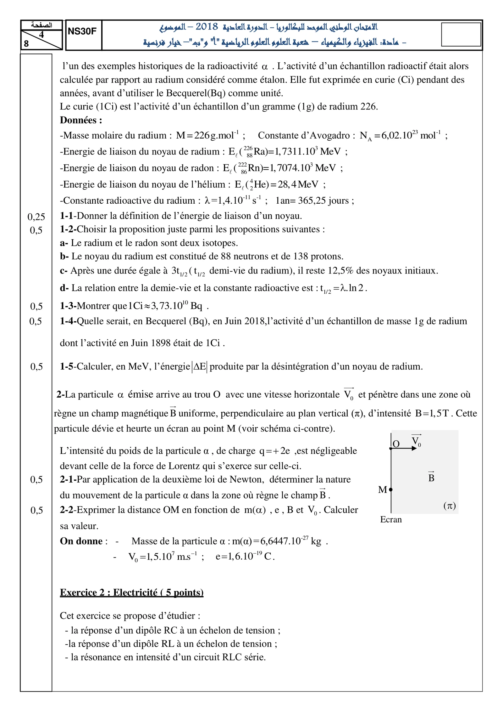Sujet Physique Bac SM 2018 page 4