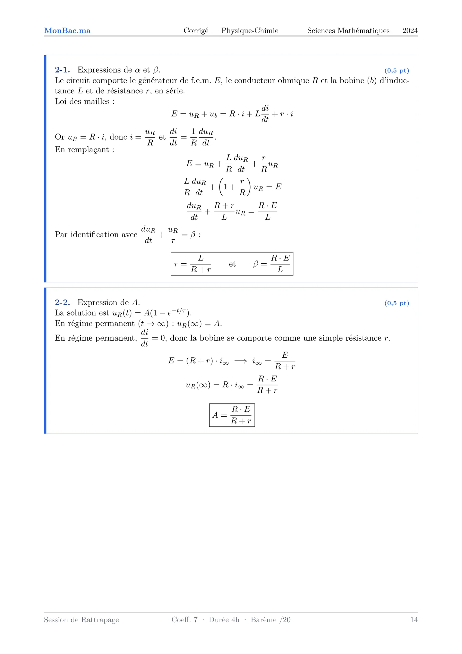 Corrige Physique Bac SM 2024 page 14