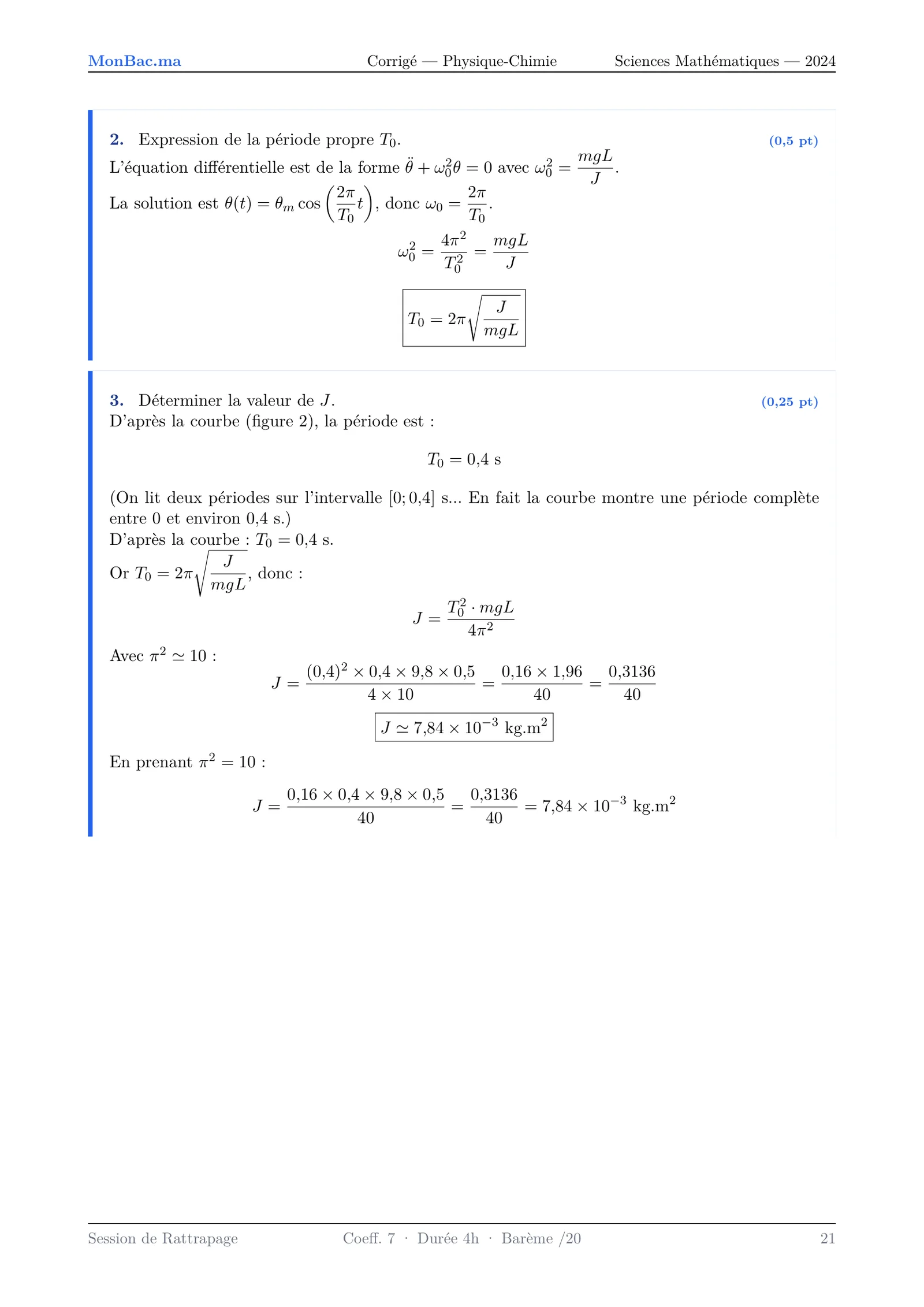 Corrige Physique Bac SM 2024 page 21