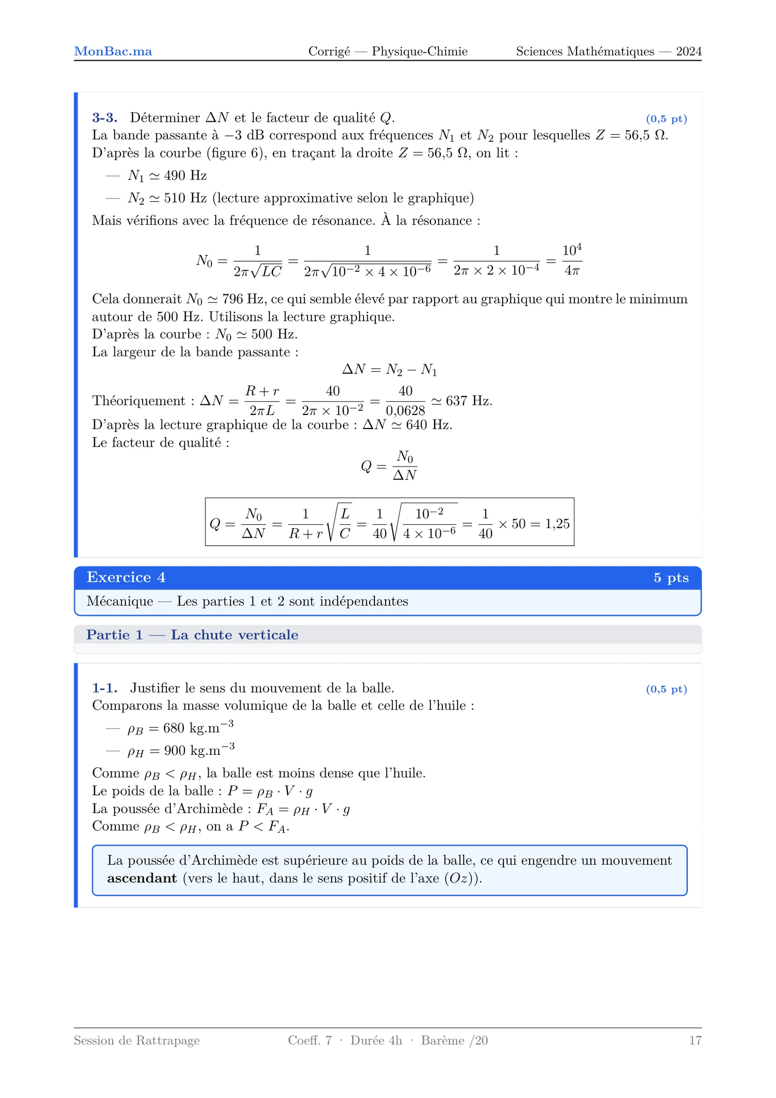 Corrige Physique Bac SM 2024 page 17