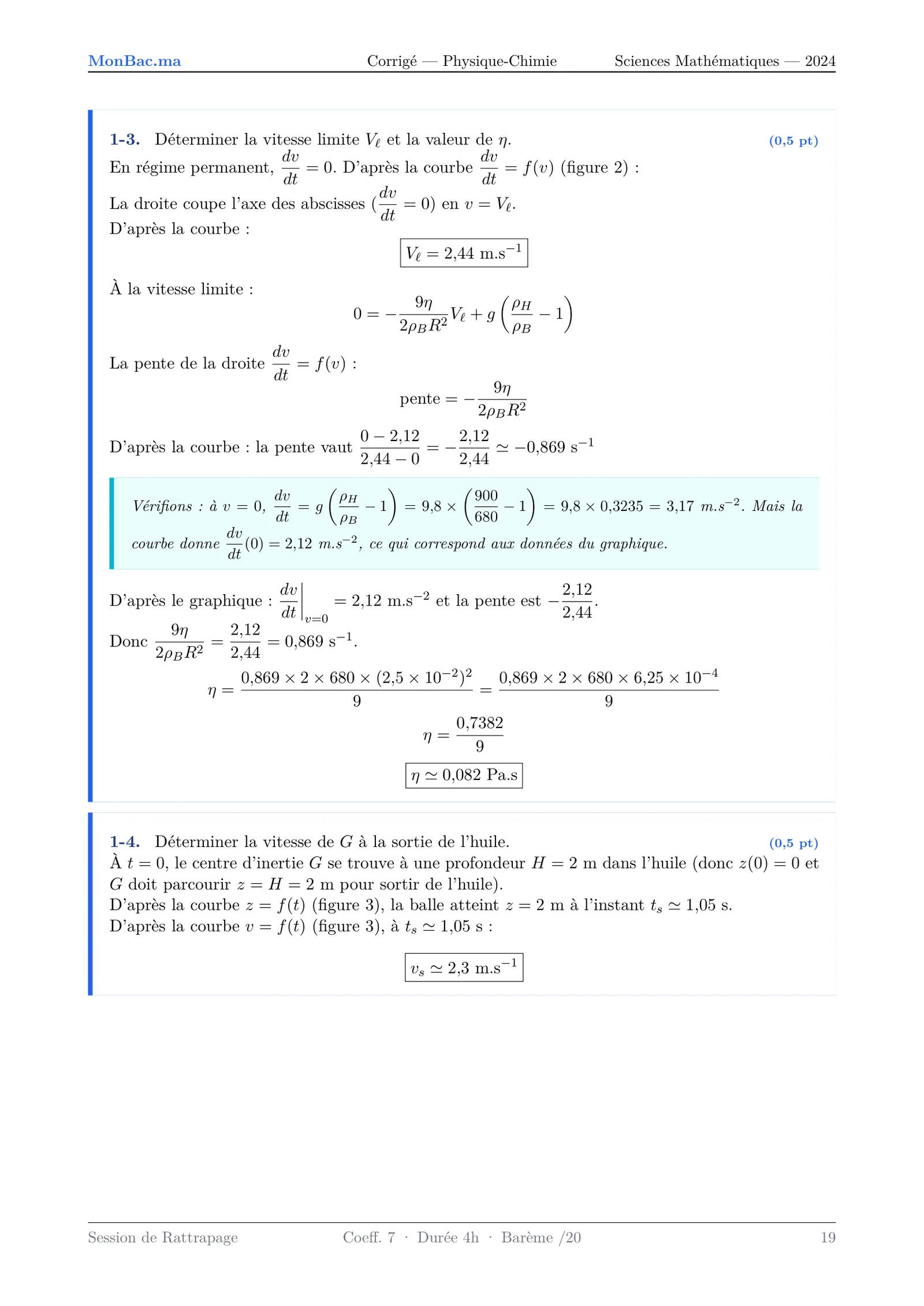 Corrige Physique Bac SM 2024 page 19