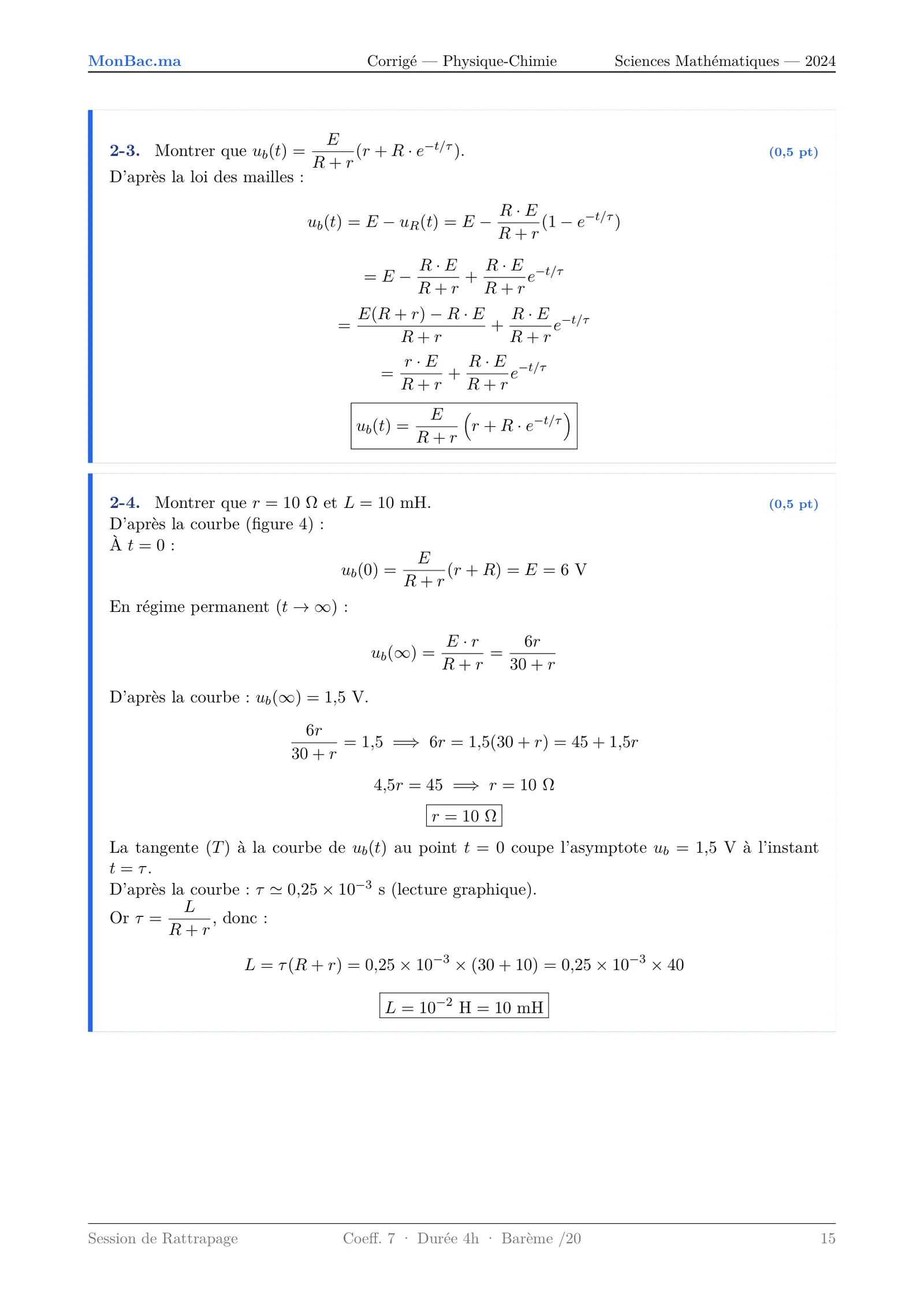 Corrige Physique Bac SM 2024 page 15