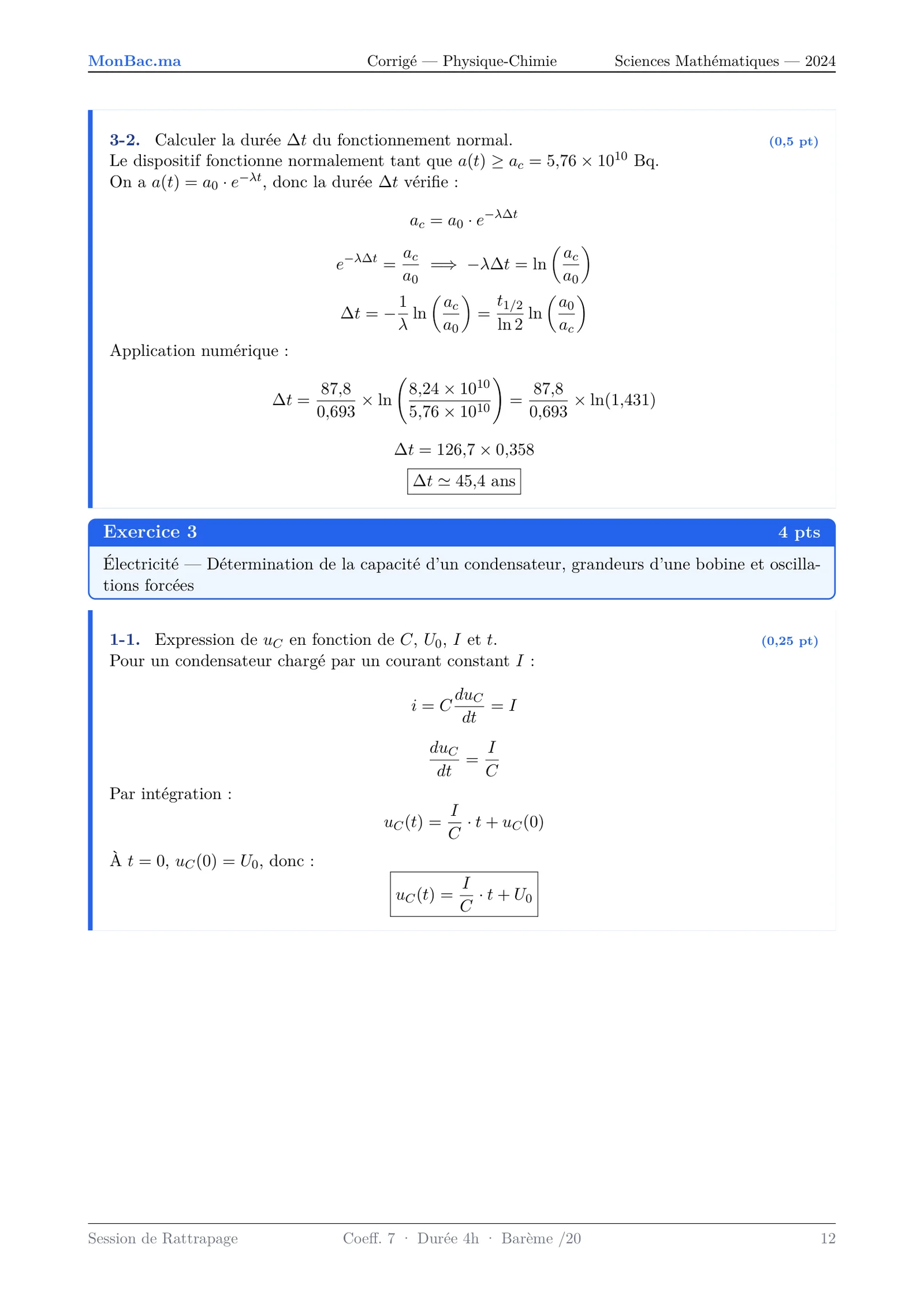 Corrige Physique Bac SM 2024 page 12