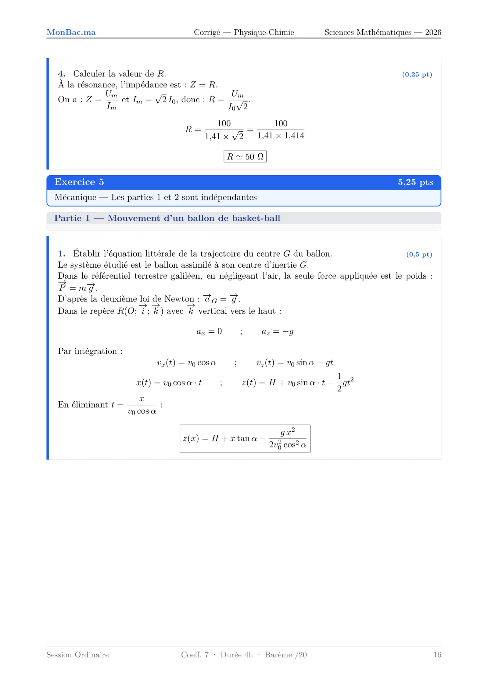 Corrige Physique Bac SM 2026 page 16