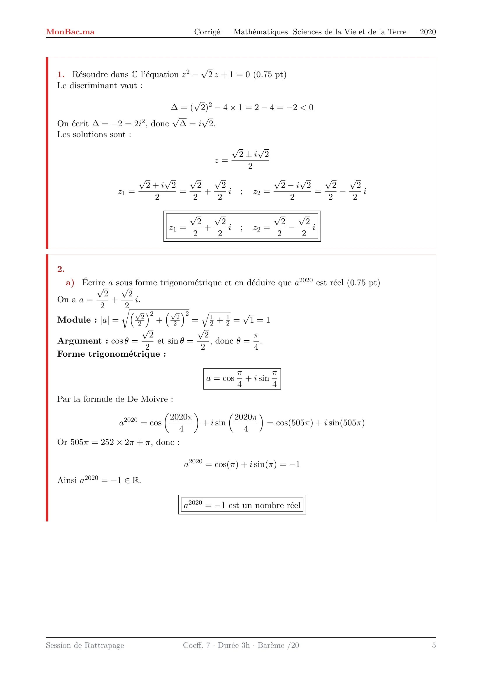 Corrige Math Bac SVT 2020 page 5