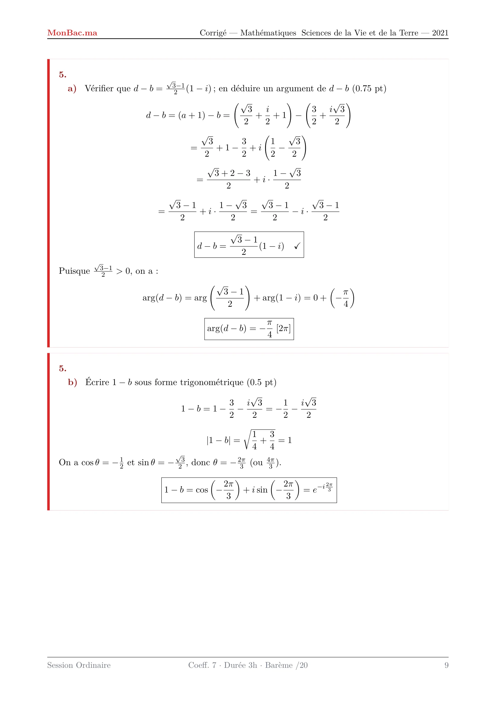 Corrige Math Bac SVT 2021 page 9