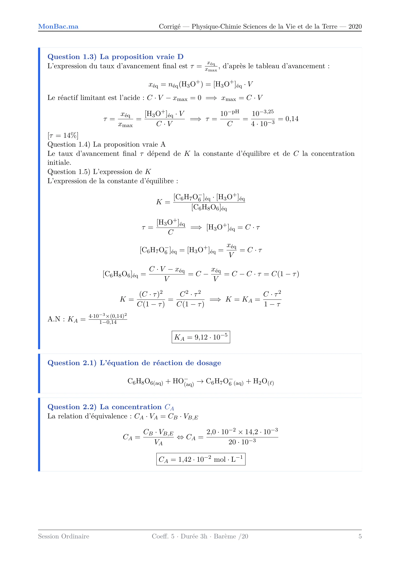 Corrige Physique Bac SVT 2020 page 5