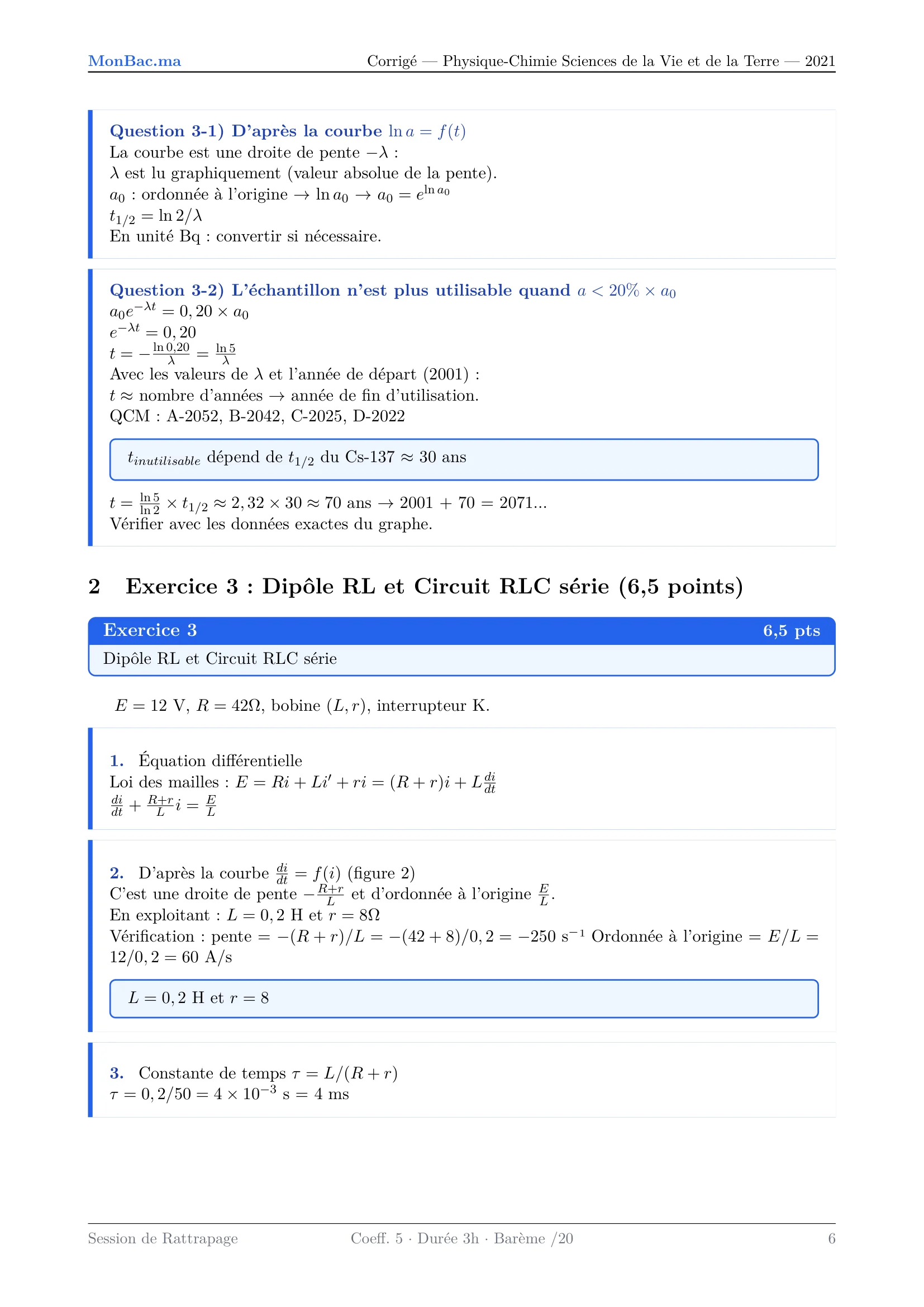 Corrige Physique Bac SVT 2021 page 6