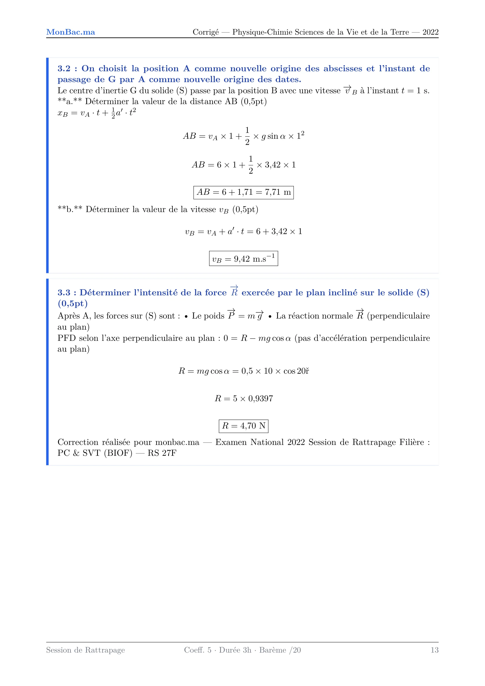 Corrige Physique Bac SVT 2022 page 13
