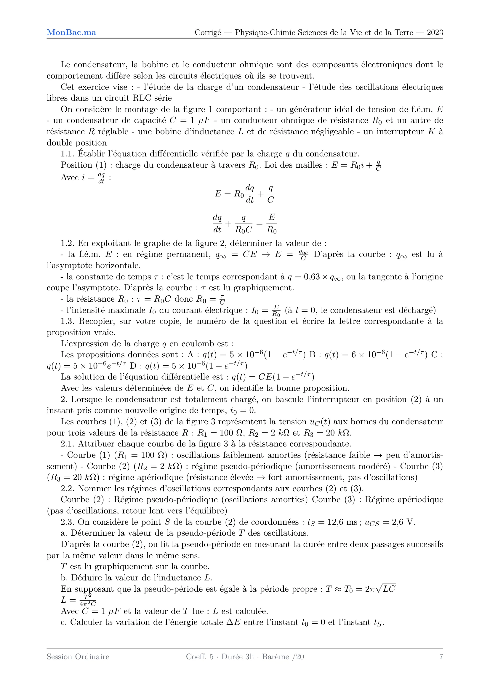 Corrige Physique Bac SVT 2023 page 7