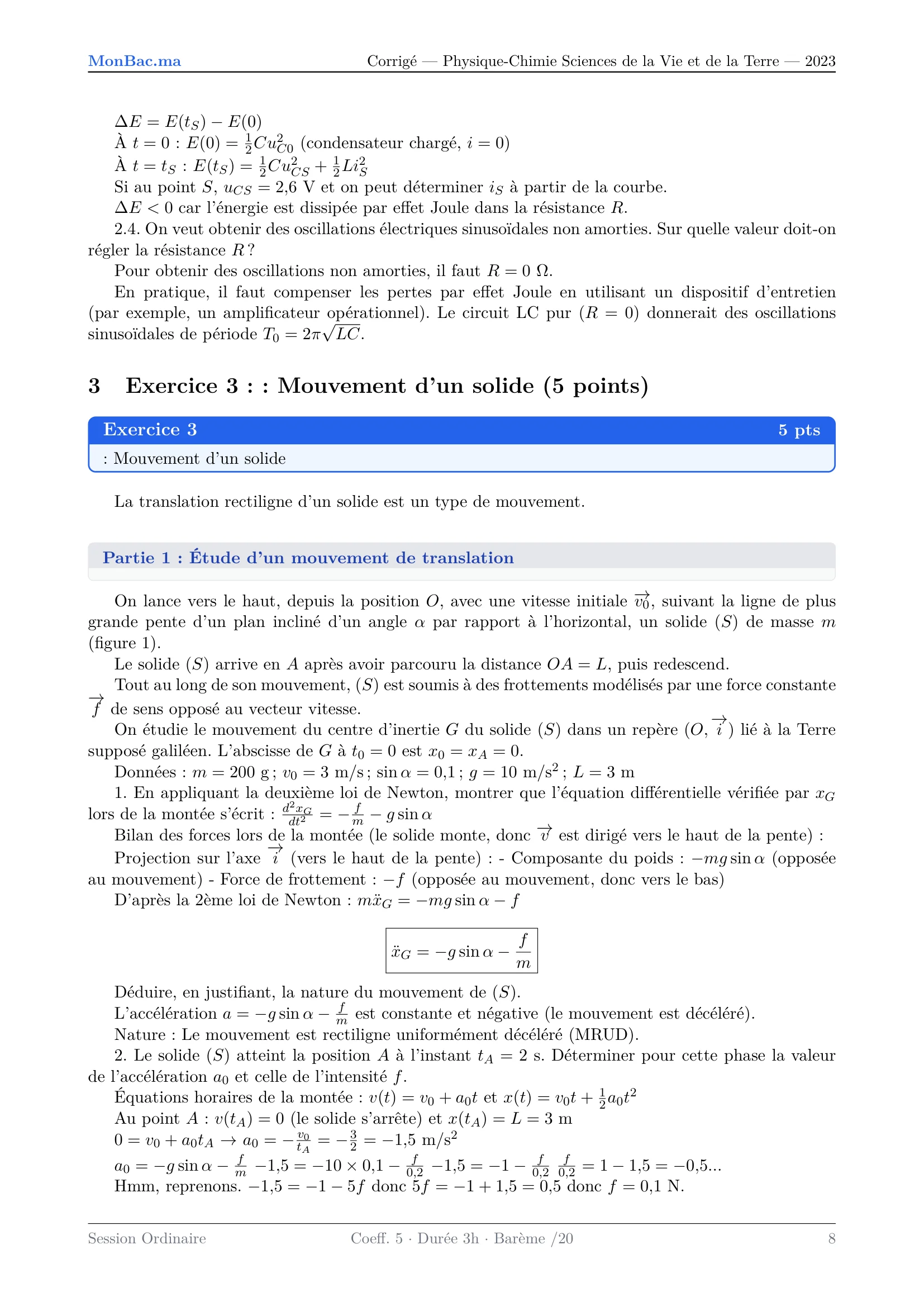 Corrige Physique Bac SVT 2023 page 8