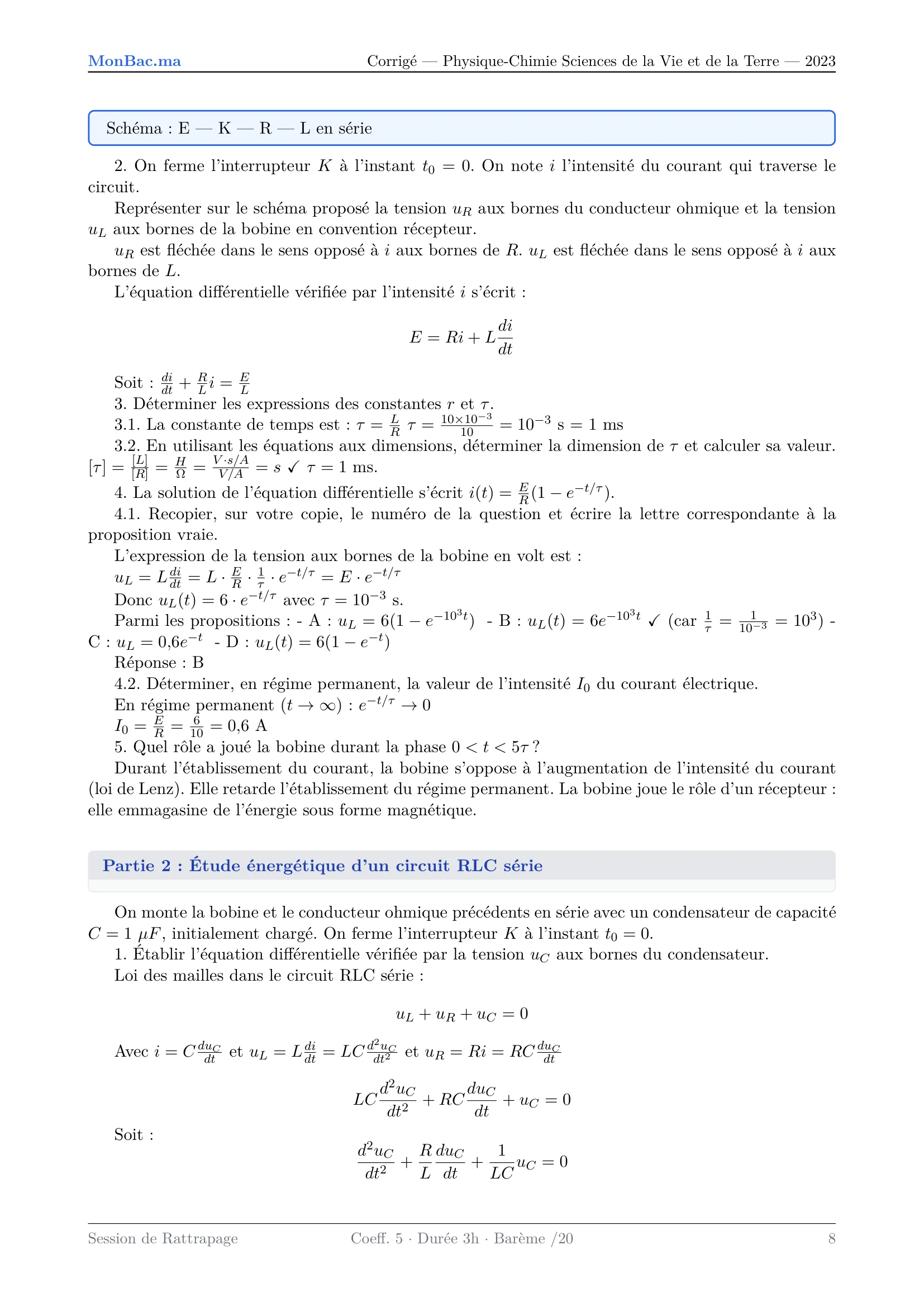 Corrige Physique Bac SVT 2023 page 8