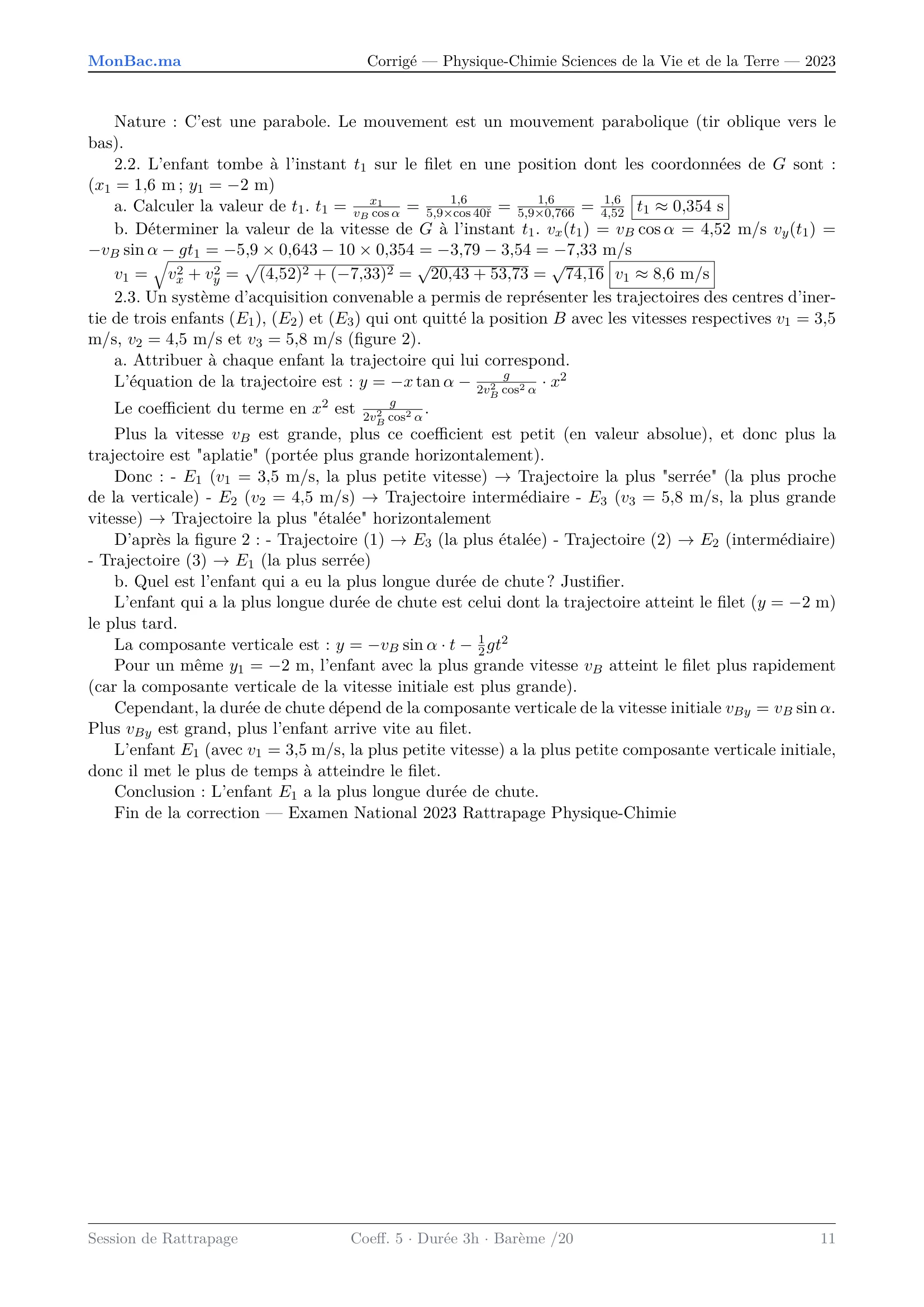 Corrige Physique Bac SVT 2023 page 11