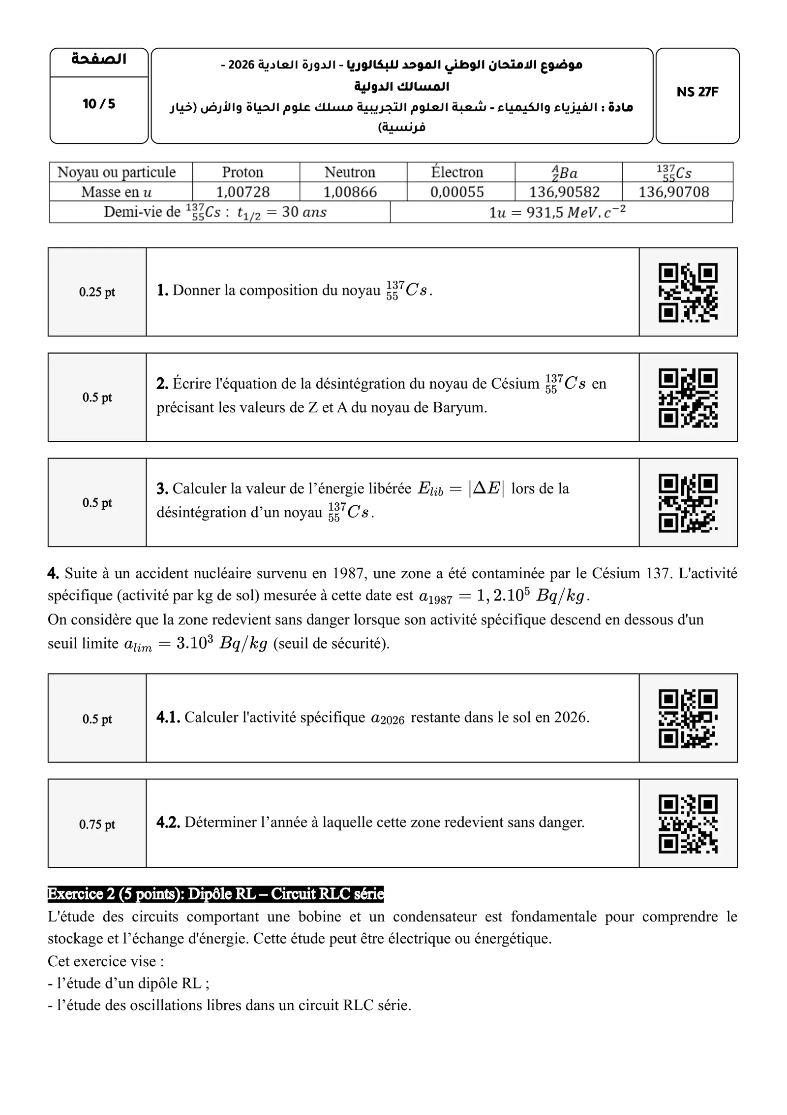 Sujet Physique Bac SVT 2026 page 5