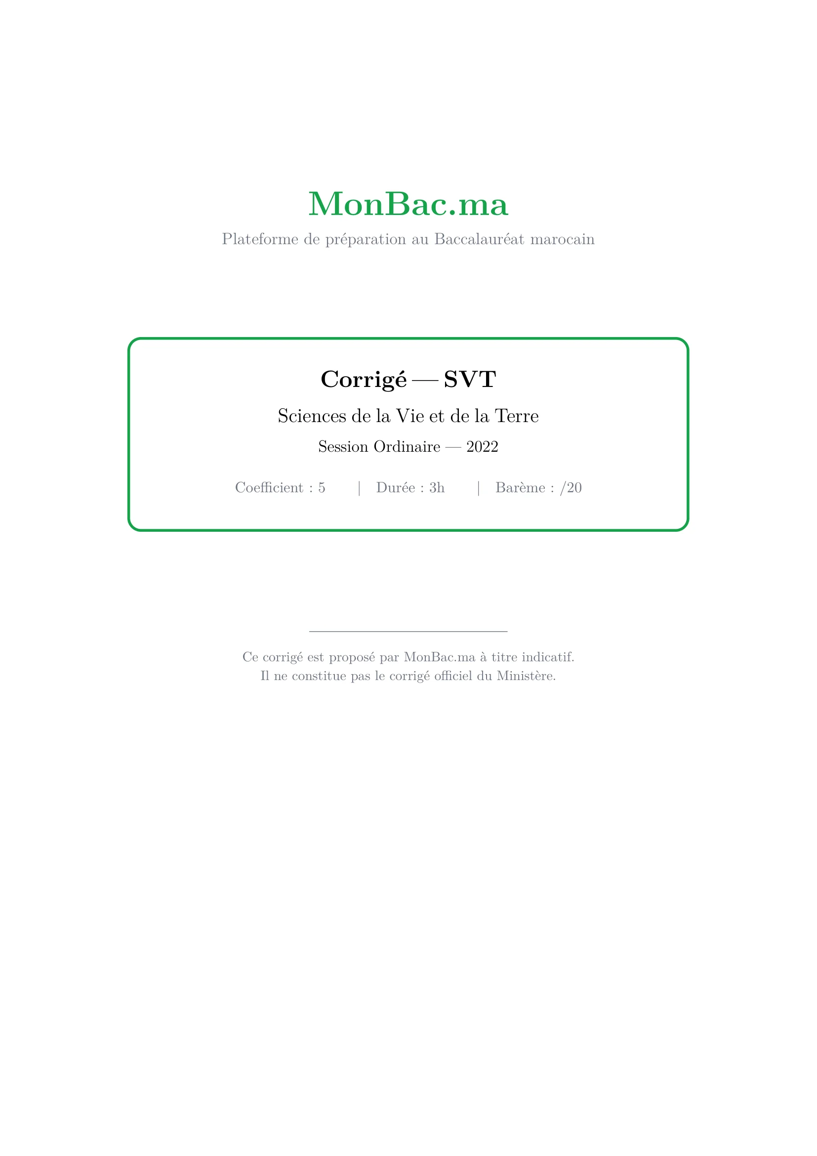 Corrige SVT Bac SVT 2022 page 1